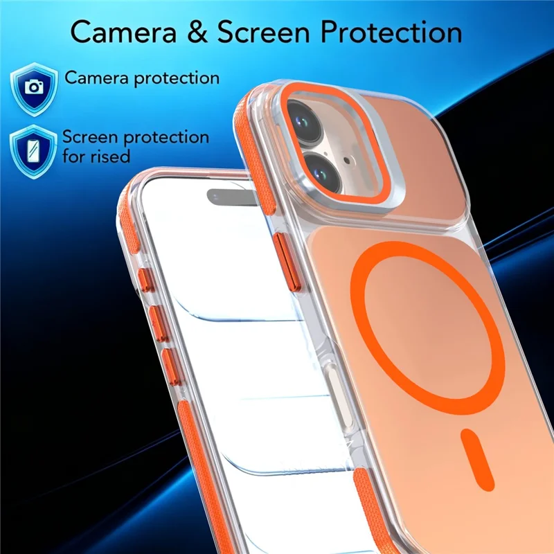For iPhone 16 Magnetic Case Camera Frame Kickstand TPU Acrylic Shockproof Phone Cover - Orange