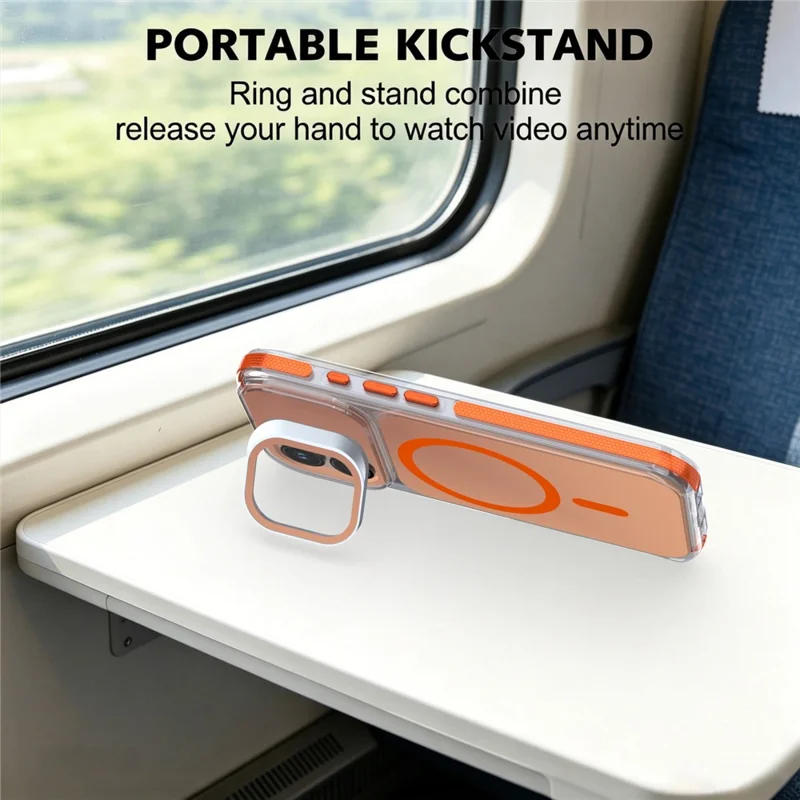 For iPhone 16 Magnetic Case Camera Frame Kickstand TPU Acrylic Shockproof Phone Cover - Orange
