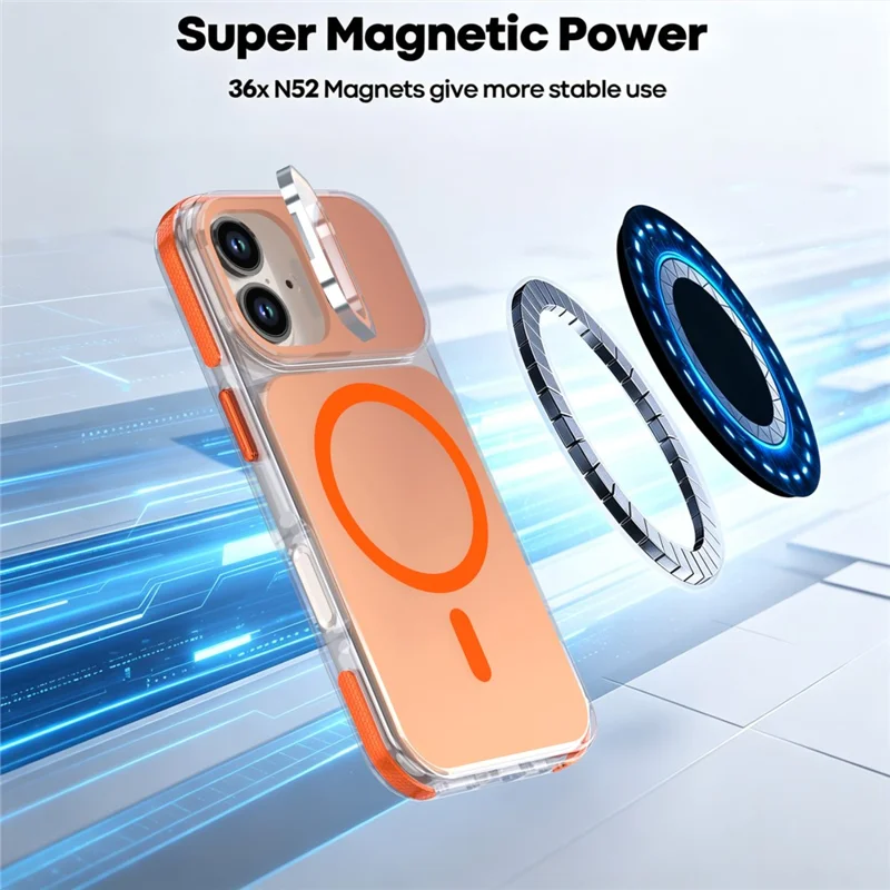For iPhone 16 Magnetic Case Camera Frame Kickstand TPU Acrylic Shockproof Phone Cover - Orange