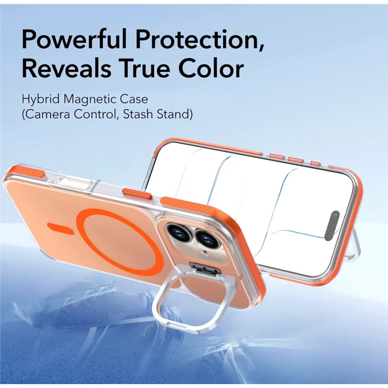 For iPhone 16 Magnetic Case Camera Frame Kickstand TPU Acrylic Shockproof Phone Cover - Orange