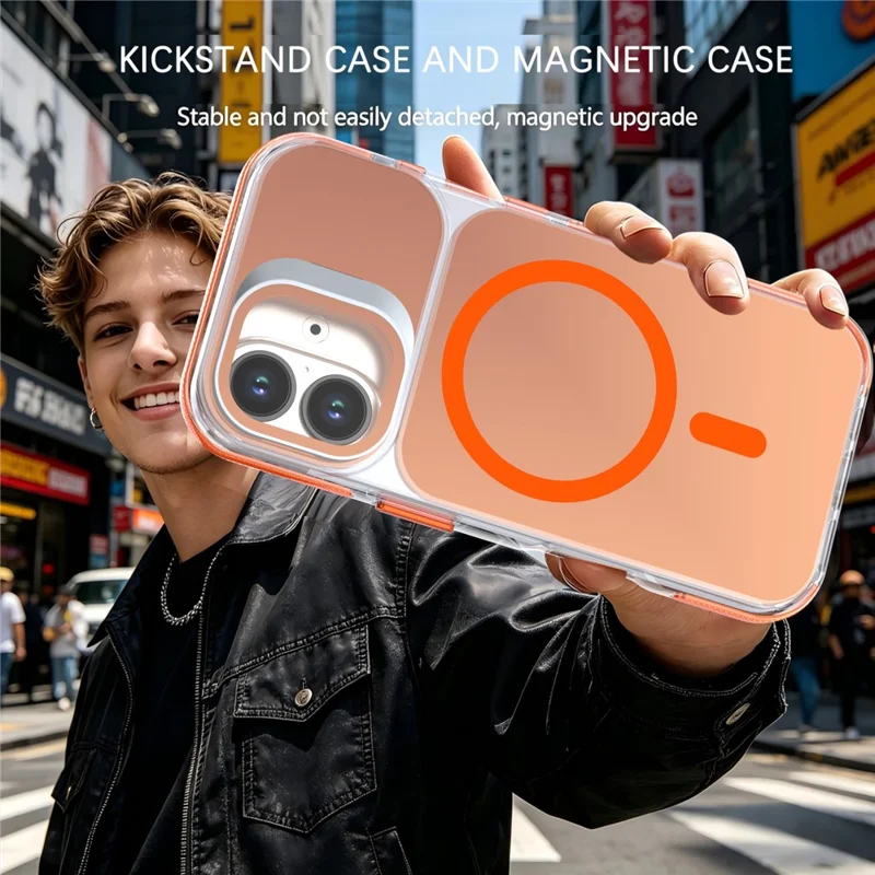 For iPhone 16 Magnetic Case Camera Frame Kickstand TPU Acrylic Shockproof Phone Cover - Orange