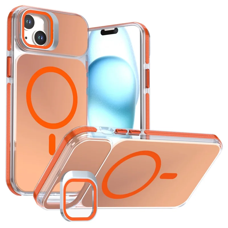 For iPhone 15 Magnetic Case Camera Frame Kickstand TPU Acrylic Shockproof Phone Cover - Orange
