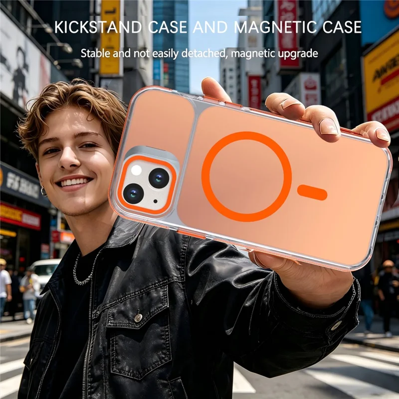 For iPhone 15 Magnetic Case Camera Frame Kickstand TPU Acrylic Shockproof Phone Cover - Orange