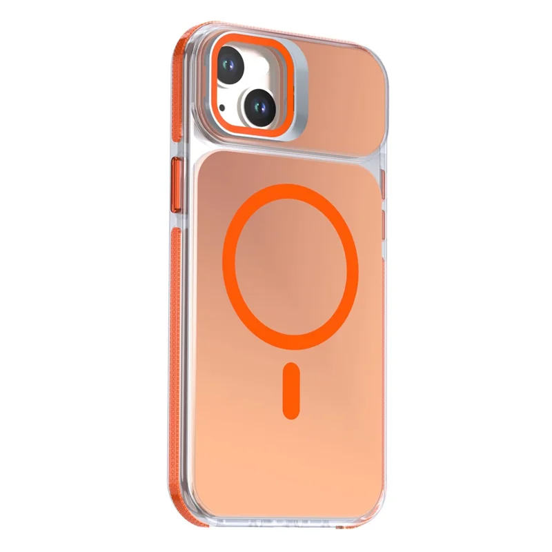 For iPhone 15 Magnetic Case Camera Frame Kickstand TPU Acrylic Shockproof Phone Cover - Orange