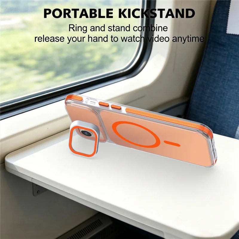 For iPhone 15 Magnetic Case Camera Frame Kickstand TPU Acrylic Shockproof Phone Cover - Orange