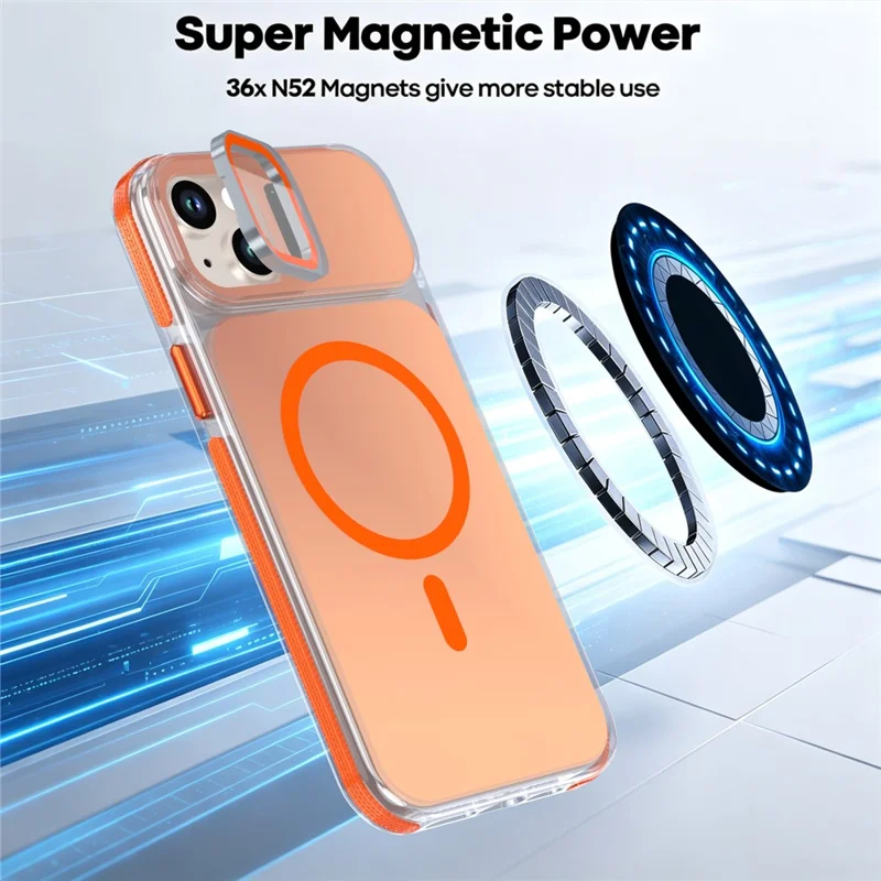 For iPhone 15 Magnetic Case Camera Frame Kickstand TPU Acrylic Shockproof Phone Cover - Orange