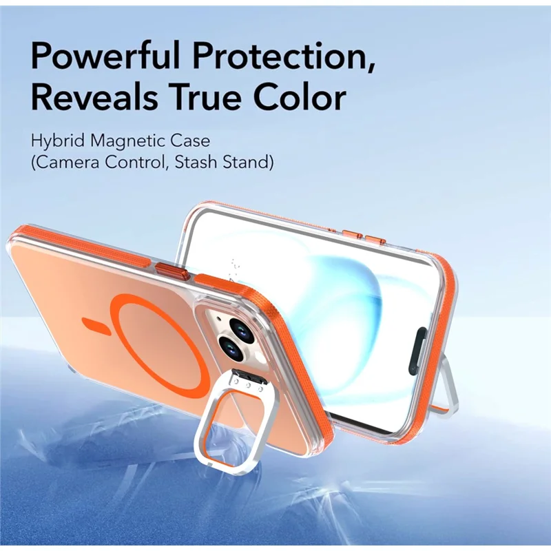For iPhone 15 Magnetic Case Camera Frame Kickstand TPU Acrylic Shockproof Phone Cover - Orange