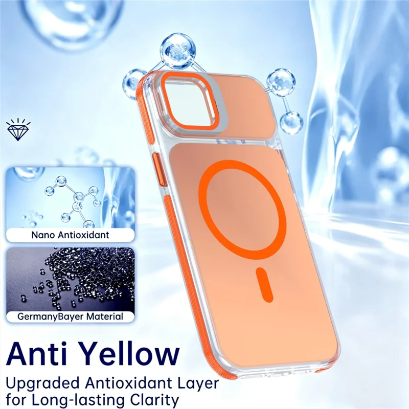 For iPhone 15 Magnetic Case Camera Frame Kickstand TPU Acrylic Shockproof Phone Cover - Orange