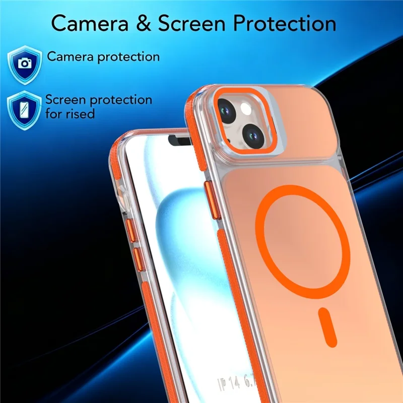 For iPhone 15 Magnetic Case Camera Frame Kickstand TPU Acrylic Shockproof Phone Cover - Orange