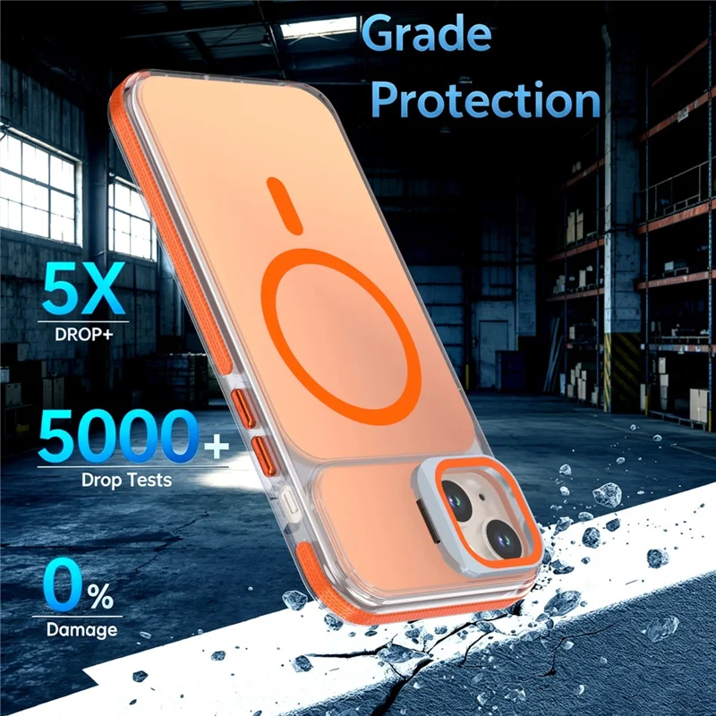 For iPhone 15 Magnetic Case Camera Frame Kickstand TPU Acrylic Shockproof Phone Cover - Orange