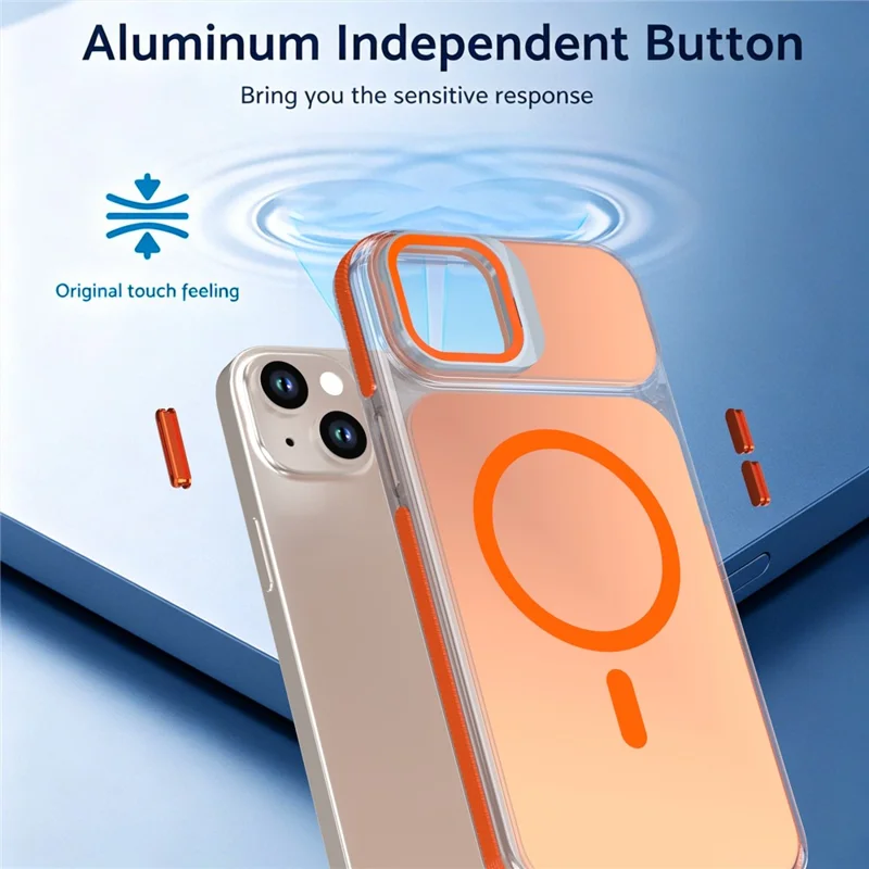 For iPhone 15 Magnetic Case Camera Frame Kickstand TPU Acrylic Shockproof Phone Cover - Orange