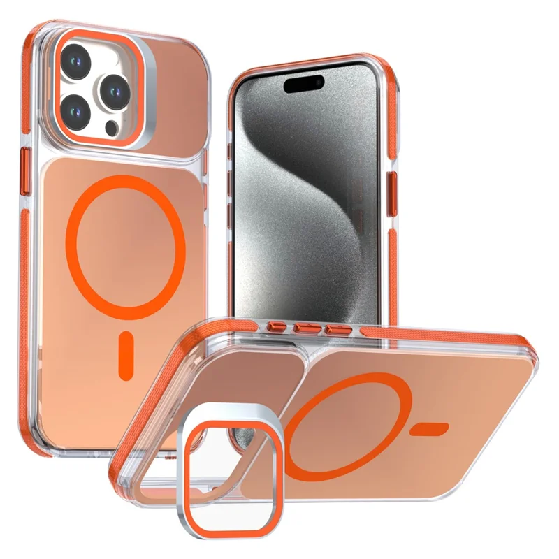 For iPhone 14 Pro Max Magnetic Case Camera Frame Kickstand TPU Acrylic Shockproof Phone Cover - Orange