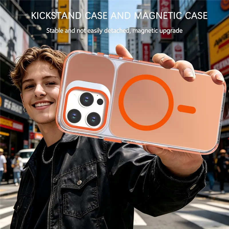 For iPhone 14 Pro Max Magnetic Case Camera Frame Kickstand TPU Acrylic Shockproof Phone Cover - Orange