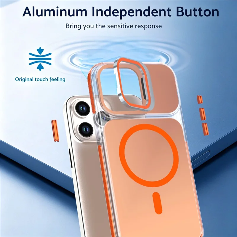 For iPhone 14 Pro Max Magnetic Case Camera Frame Kickstand TPU Acrylic Shockproof Phone Cover - Orange