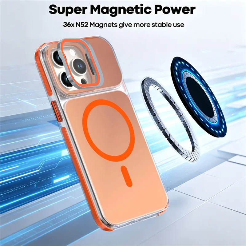 For iPhone 13 Pro Magnetic Case Camera Frame Kickstand TPU Acrylic Shockproof Phone Cover - Orange