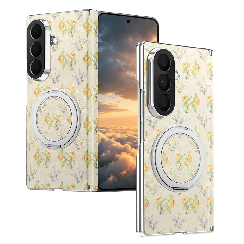 For Samsung Galaxy Z Fold8 Ultra Case Rotating Kickstand Floral Pattern Leather + PC Protective Cover - Beige