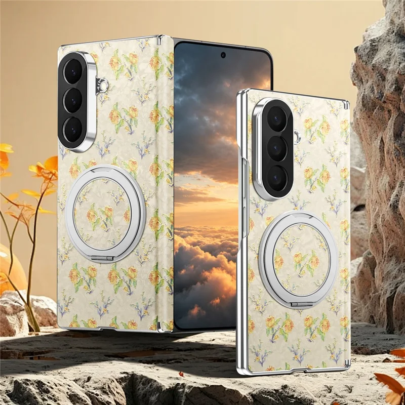 For Samsung Galaxy Z Fold8 Ultra Case Rotating Kickstand Floral Pattern Leather + PC Protective Cover - Beige