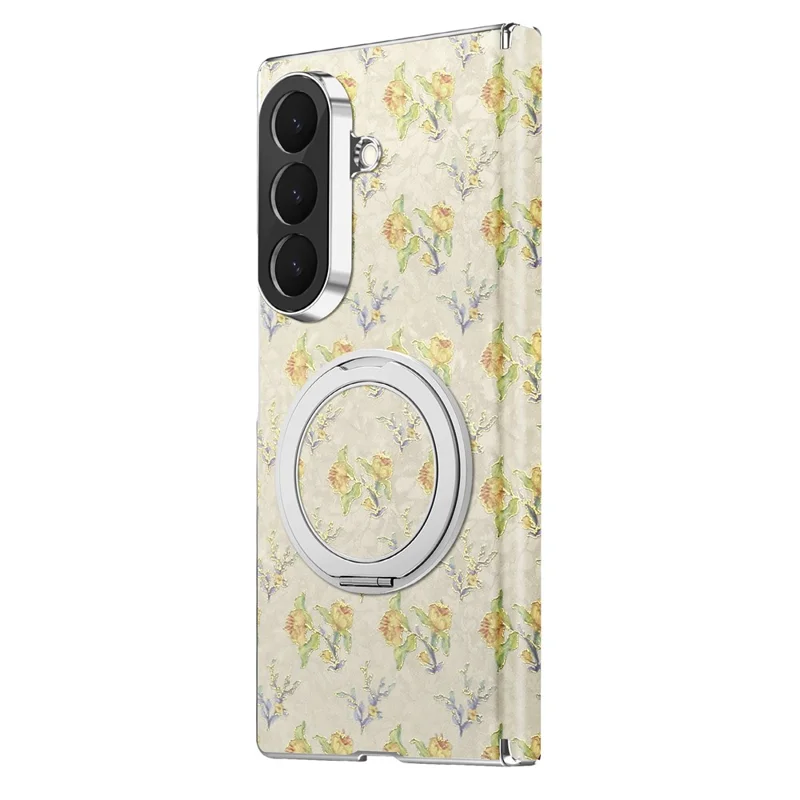 For Samsung Galaxy Z Fold8 Ultra Case Rotating Kickstand Floral Pattern Leather + PC Protective Cover - Beige