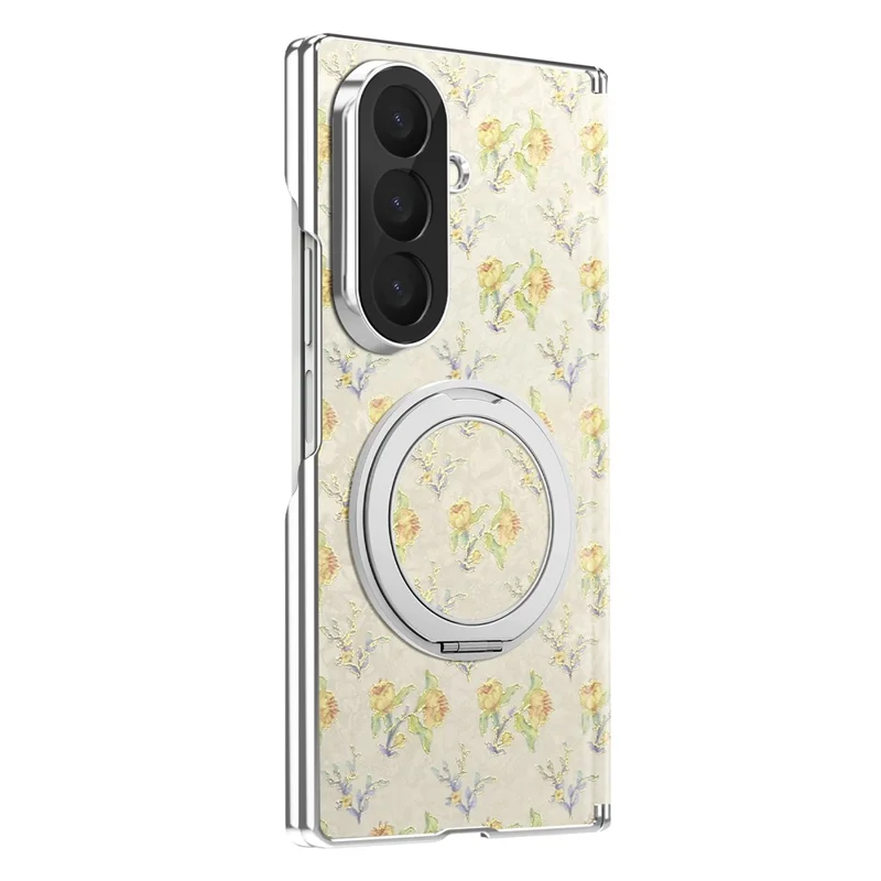 For Samsung Galaxy Z Fold8 Ultra Case Rotating Kickstand Floral Pattern Leather + PC Protective Cover - Beige