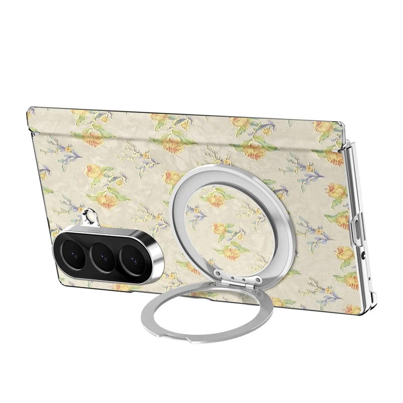 For Samsung Galaxy Z Fold8 Ultra Case Rotating Kickstand Floral Pattern Leather + PC Protective Cover - Beige
