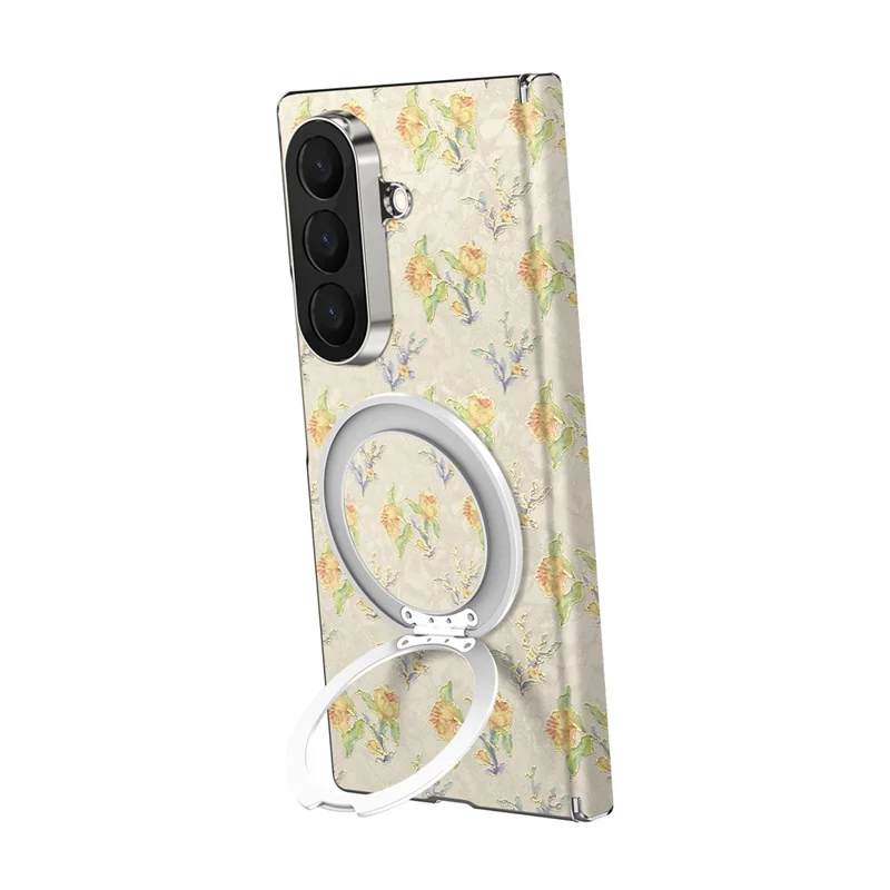 For Samsung Galaxy Z Fold8 Ultra Case Rotating Kickstand Floral Pattern Leather + PC Protective Cover - Beige