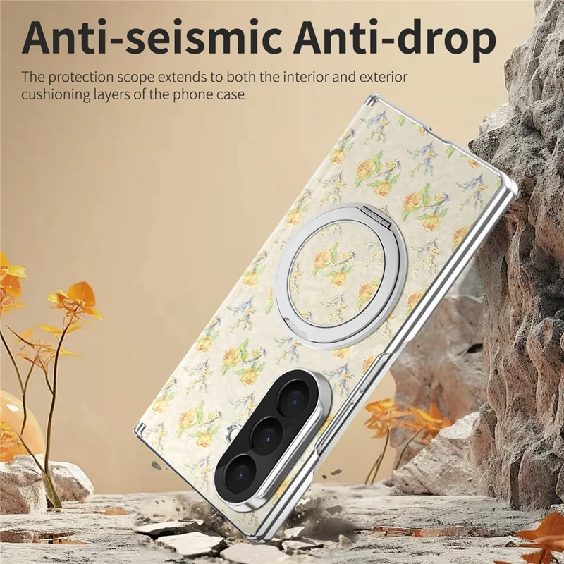 For Samsung Galaxy Z Fold8 Ultra Case Rotating Kickstand Floral Pattern Leather + PC Protective Cover - Beige