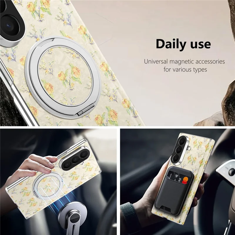 For Samsung Galaxy Z Fold8 Ultra Case Rotating Kickstand Floral Pattern Leather + PC Protective Cover - Beige