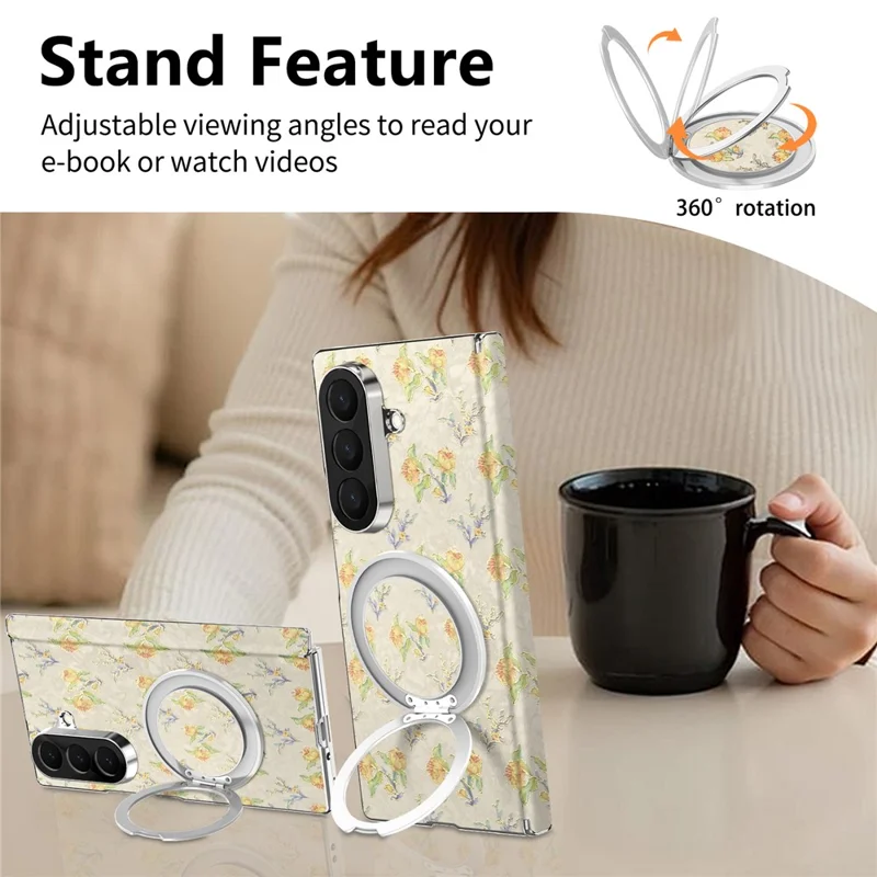 For Samsung Galaxy Z Fold8 Ultra Case Rotating Kickstand Floral Pattern Leather + PC Protective Cover - Beige