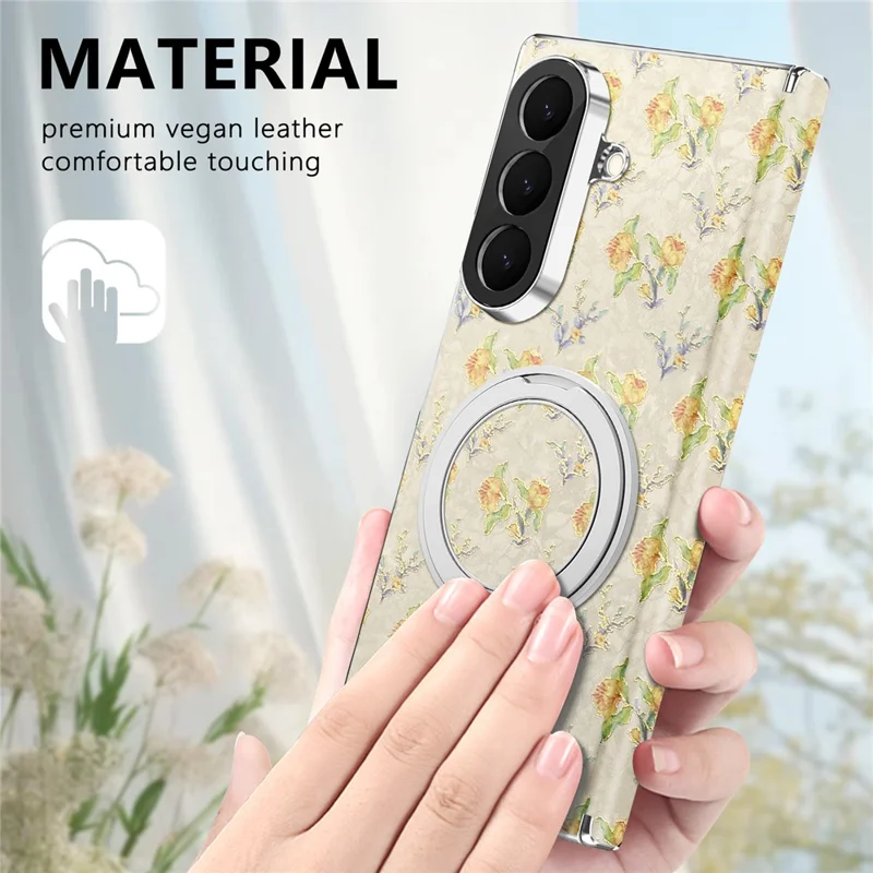 For Samsung Galaxy Z Fold8 Ultra Case Rotating Kickstand Floral Pattern Leather + PC Protective Cover - Beige