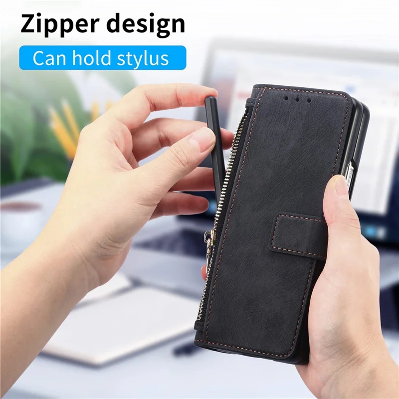For Samsung Galaxy Z Fold8 Ultra Magnetic Case PU Leather Zipper Wallet RFID Blocking Protective Cover - Black