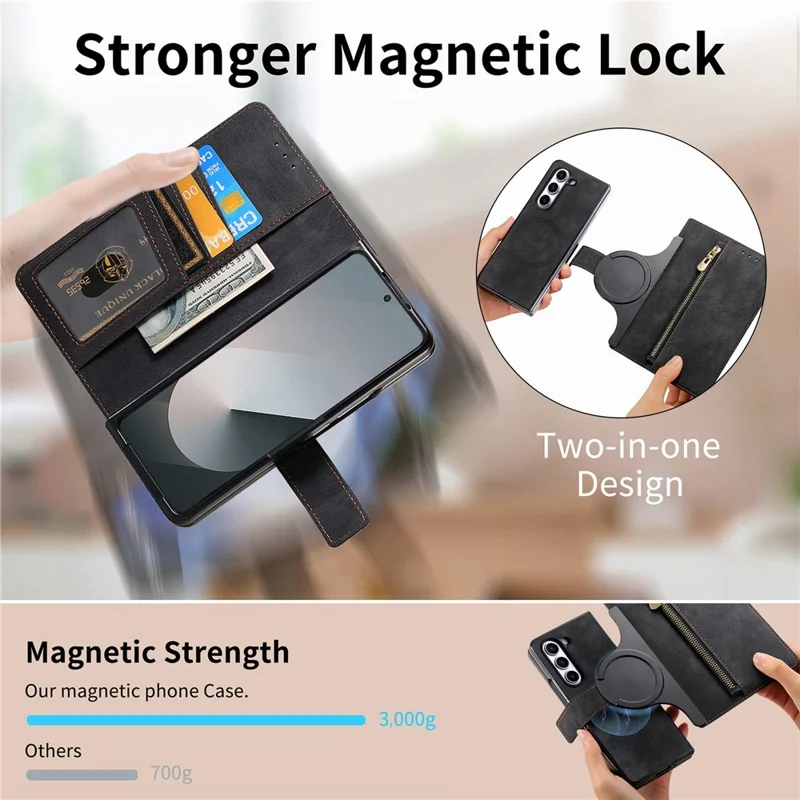 For Samsung Galaxy Z Fold8 Ultra Magnetic Case PU Leather Zipper Wallet RFID Blocking Protective Cover - Black