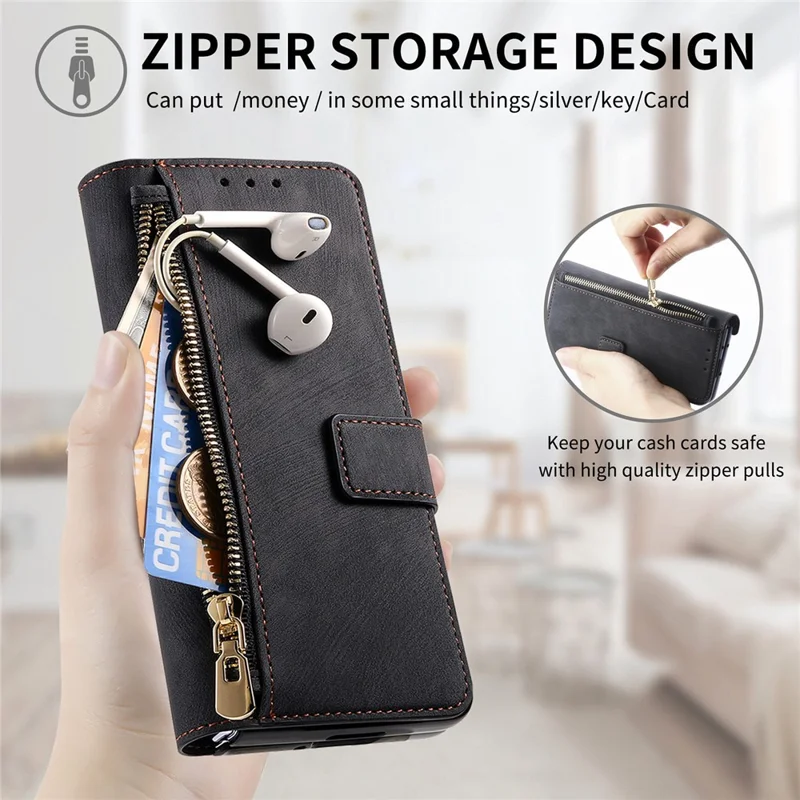 For Samsung Galaxy Z Fold8 Ultra Magnetic Case PU Leather Zipper Wallet RFID Blocking Protective Cover - Black