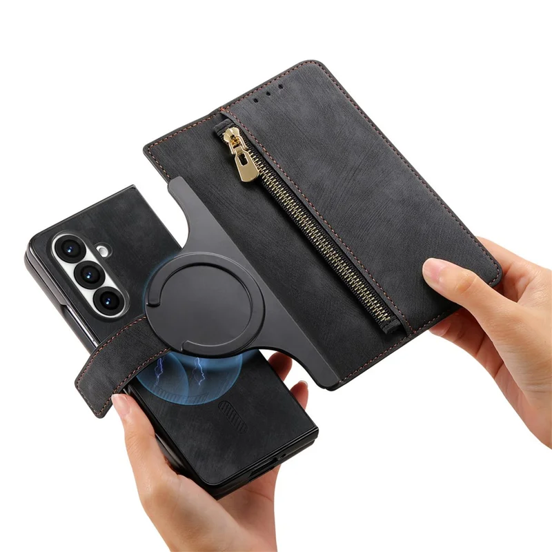 For Samsung Galaxy Z Fold8 Ultra Magnetic Case PU Leather Zipper Wallet RFID Blocking Protective Cover - Black