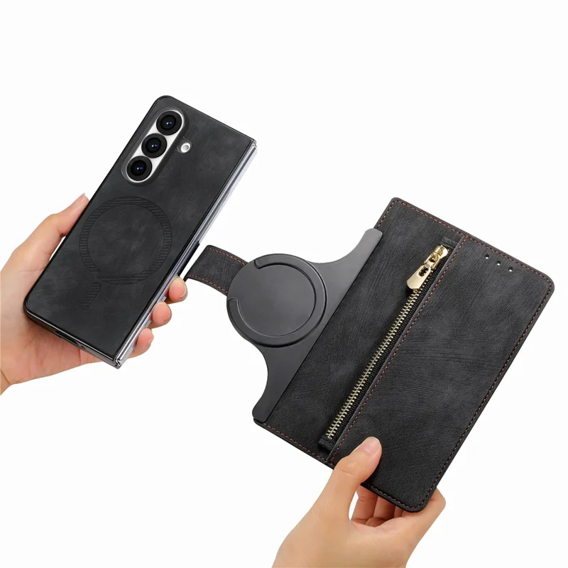 For Samsung Galaxy Z Fold8 Ultra Magnetic Case PU Leather Zipper Wallet RFID Blocking Protective Cover - Black