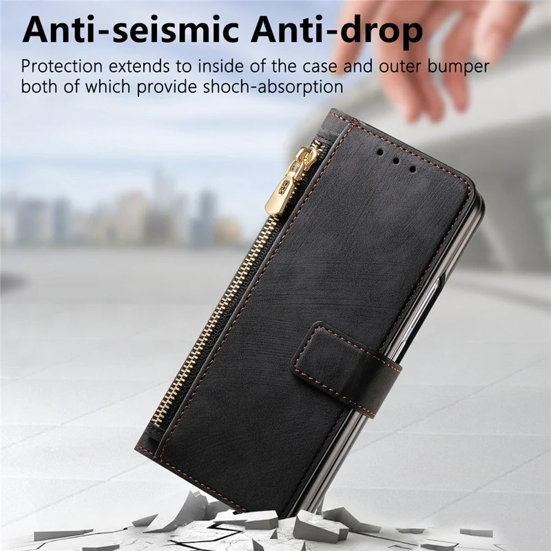 For Samsung Galaxy Z Fold8 Ultra Magnetic Case PU Leather Zipper Wallet RFID Blocking Protective Cover - Black
