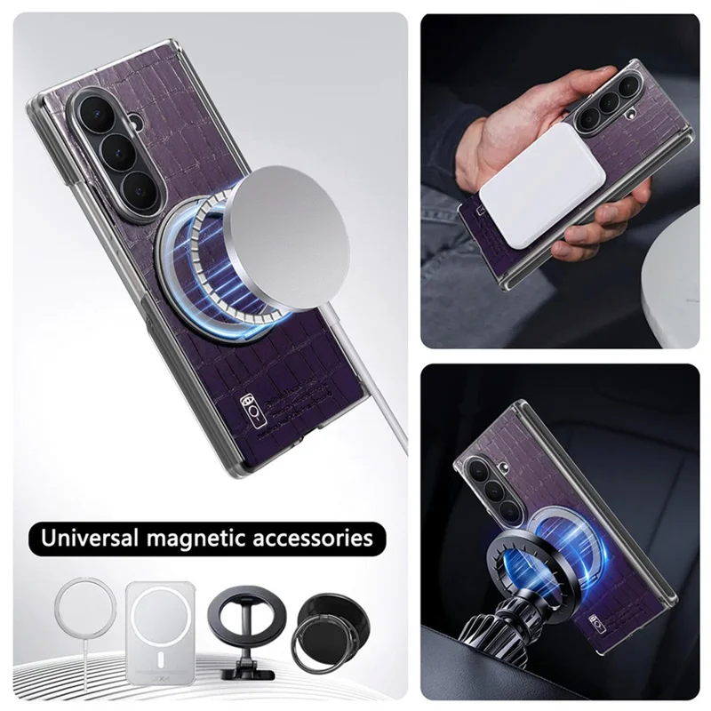 For Samsung Galaxy Z Fold8 Ultra Case Rotating Kickstand Magnetic Center Axis Shockproof Crocodile Pattern Leather Back Cover - Purple
