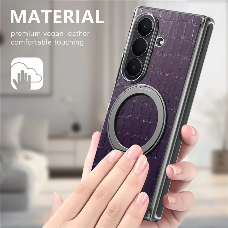 For Samsung Galaxy Z Fold8 Ultra Case Rotating Kickstand Magnetic Center Axis Shockproof Crocodile Pattern Leather Back Cover - Purple