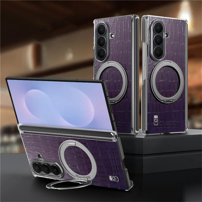 For Samsung Galaxy Z Fold8 Ultra Case Rotating Kickstand Magnetic Center Axis Shockproof Crocodile Pattern Leather Back Cover - Purple
