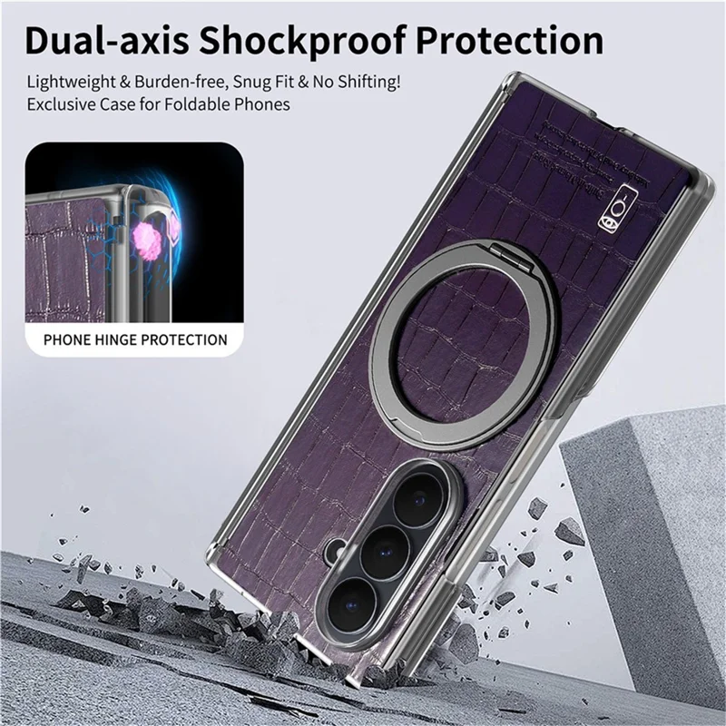 For Samsung Galaxy Z Fold8 Ultra Case Rotating Kickstand Magnetic Center Axis Shockproof Crocodile Pattern Leather Back Cover - Purple