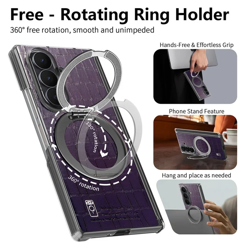 For Samsung Galaxy Z Fold8 Ultra Case Rotating Kickstand Magnetic Center Axis Shockproof Crocodile Pattern Leather Back Cover - Purple