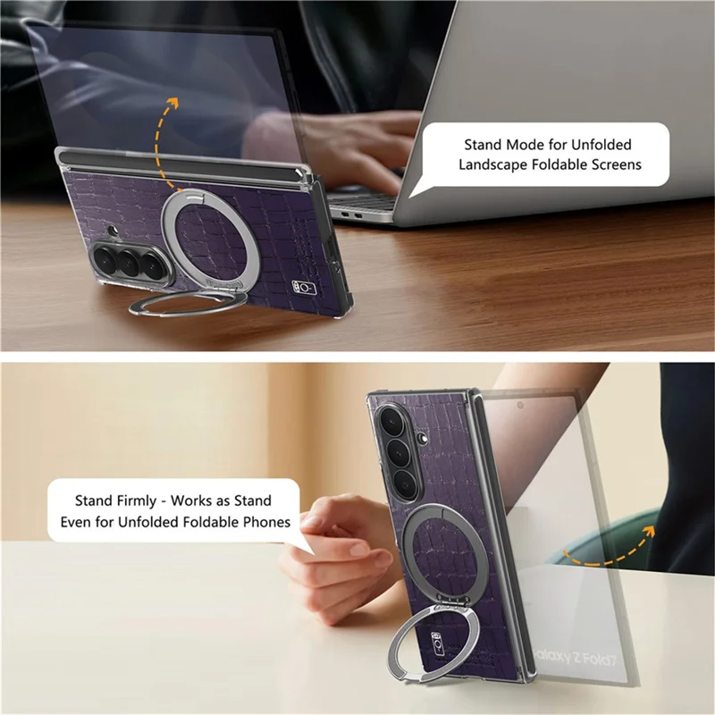 For Samsung Galaxy Z Fold8 Ultra Case Rotating Kickstand Magnetic Center Axis Shockproof Crocodile Pattern Leather Back Cover - Purple