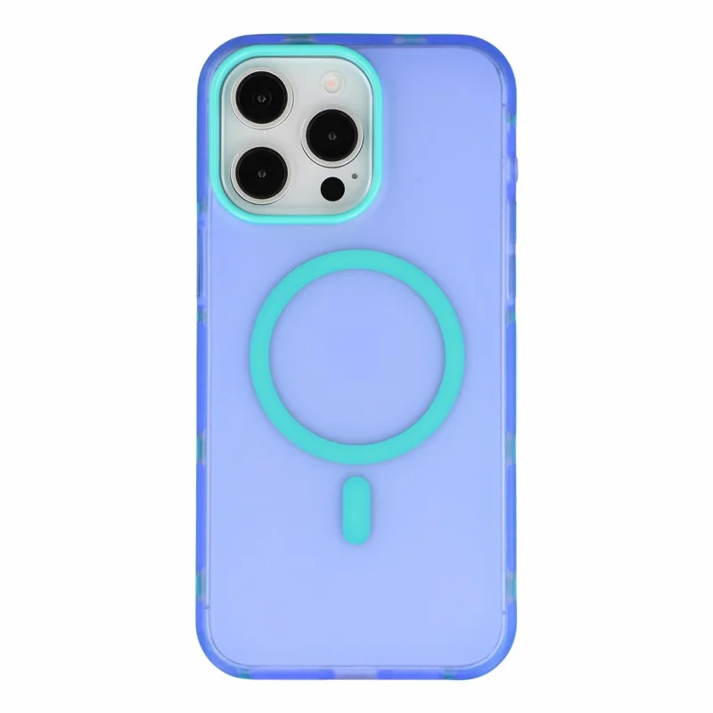 For iPhone 15 Pro Max Magnetic Case PC + TPU Dual-Layer Shockproof Anti-Slip Phone Cover with Metal Buttons - Blue Purple