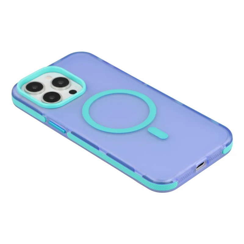 For iPhone 15 Pro Max Magnetic Case PC + TPU Dual-Layer Shockproof Anti-Slip Phone Cover with Metal Buttons - Blue Purple
