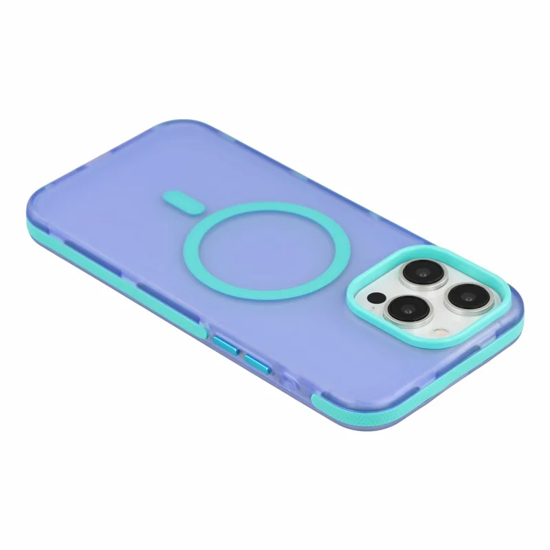 For iPhone 15 Pro Max Magnetic Case PC + TPU Dual-Layer Shockproof Anti-Slip Phone Cover with Metal Buttons - Blue Purple