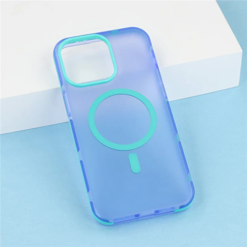 For iPhone 15 Pro Max Magnetic Case PC + TPU Dual-Layer Shockproof Anti-Slip Phone Cover with Metal Buttons - Blue Purple
