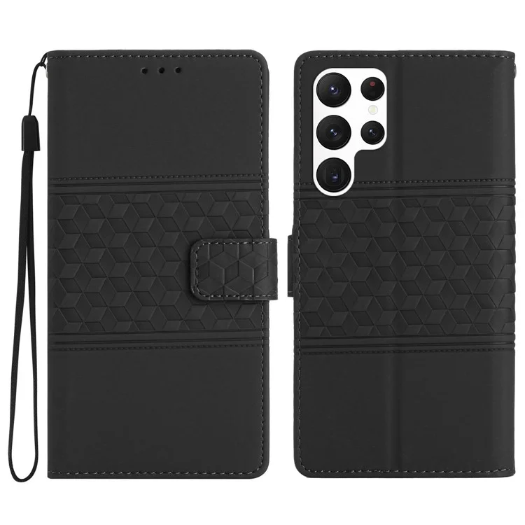 Mobile Phone Case Wallet for Samsung Galaxy S22 Ultra 5G, Imprinted Pattern Skin-touch Feeling Retro Stand Leather Phone Cover - Black