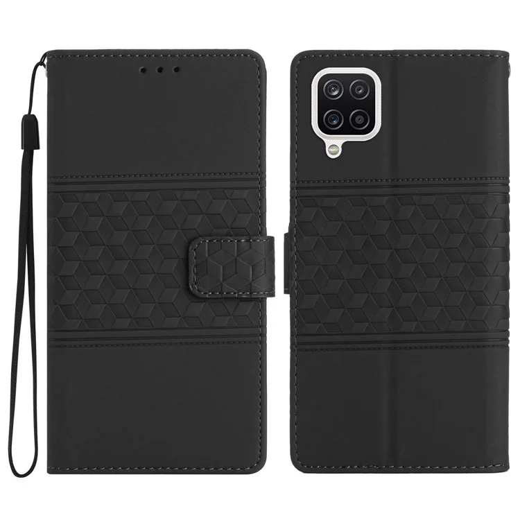 Phone Case for Samsung Galaxy A12, Retro Imprinted Pattern Stand Wallet Skin-touch Feeling Leather Phone Cover - Black