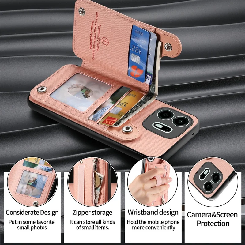 For OnePlus N6 4G Case RFID Blocking Card Holder Jeans Cloth Texture Leather Back Cover with Elastic Wristband - Pink