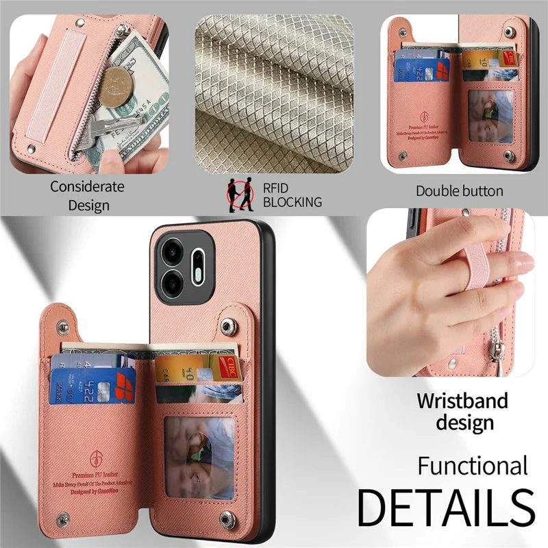 For OnePlus N6 4G Case RFID Blocking Card Holder Jeans Cloth Texture Leather Back Cover with Elastic Wristband - Pink