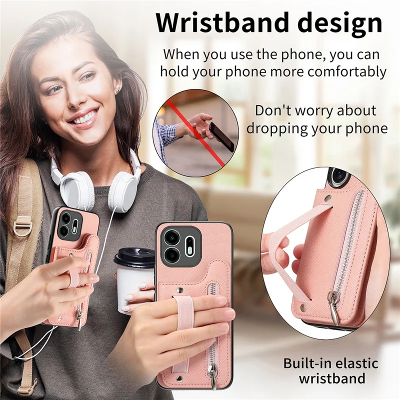 For OnePlus N6 4G Case RFID Blocking Card Holder Jeans Cloth Texture Leather Back Cover with Elastic Wristband - Pink
